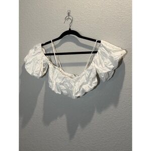 Amalie White Off Shoulder Crop Top US 6 Puff Sleeve Ruched Festival Boho Peasant